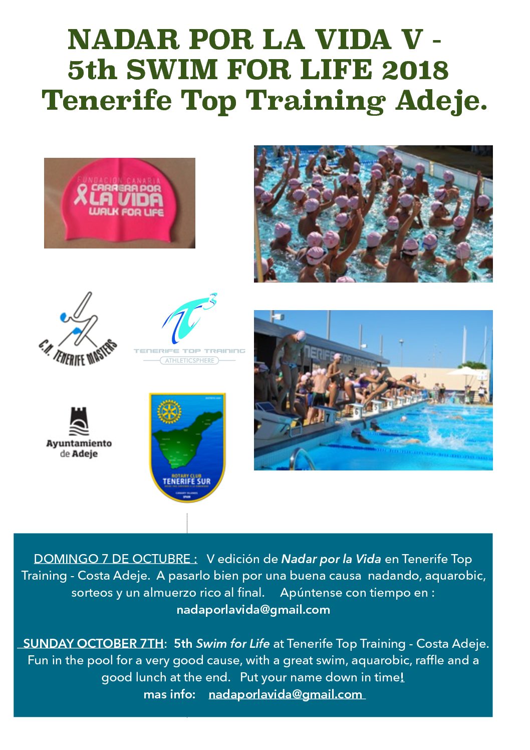 El domingo, 7 de octubre tendrá lugar la V edición de Nadar por la Vida en el T3 de Costa Adeje