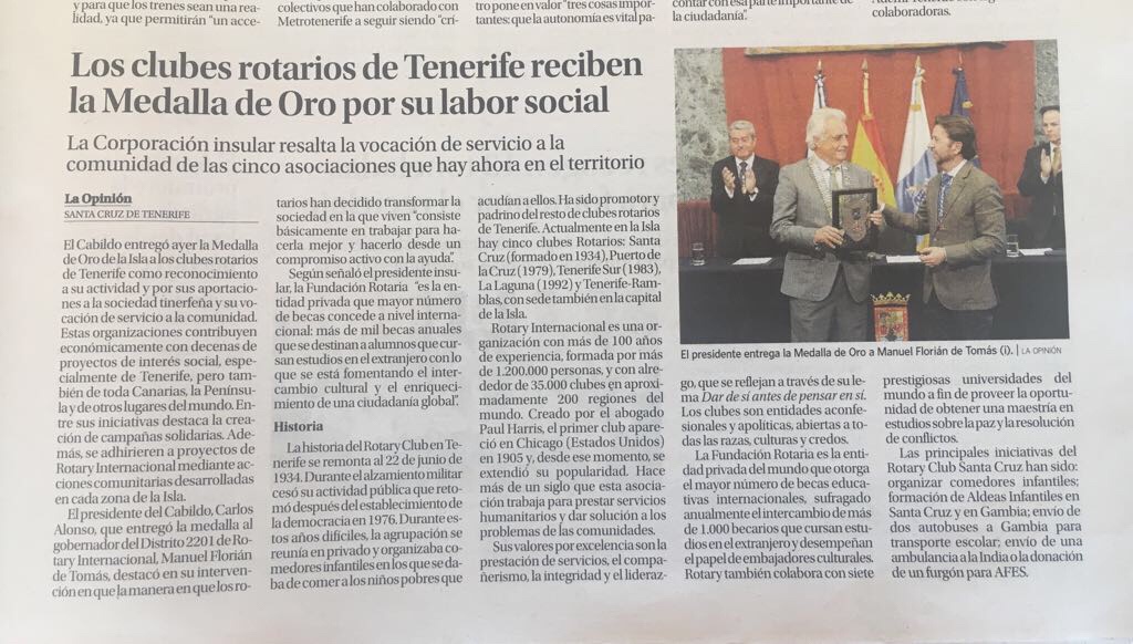 El Cabildo entrega la Medalla de Oro de la Isla a los clubes rotarios de Tenerife