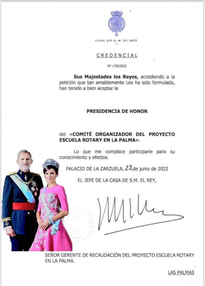 La  Casa Real Española acepta la presidencia de Honor en el comité organizador del proyecto Escuela Rotary La Palma